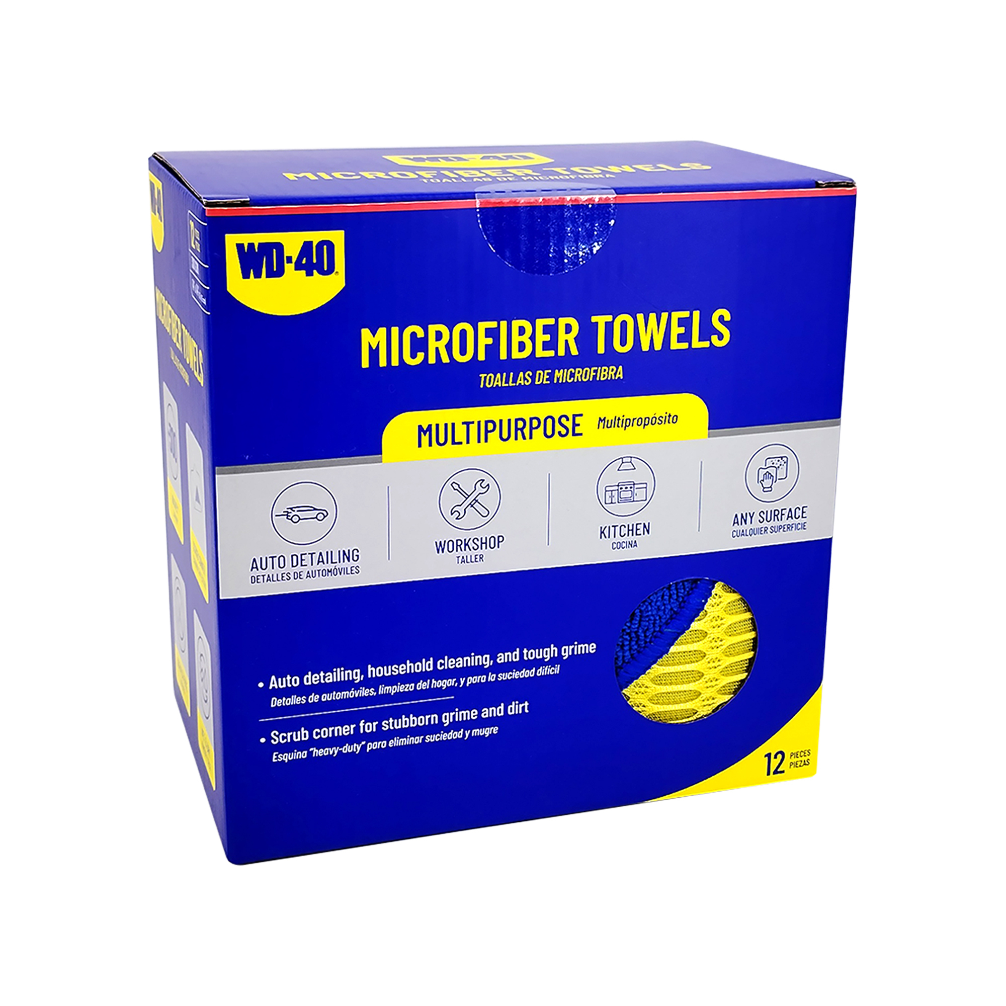 WD-40 Multipurpose Microfiber Towel with Scrub Corner — 12 Pack, 300 GSM, Blue, Model# L40125